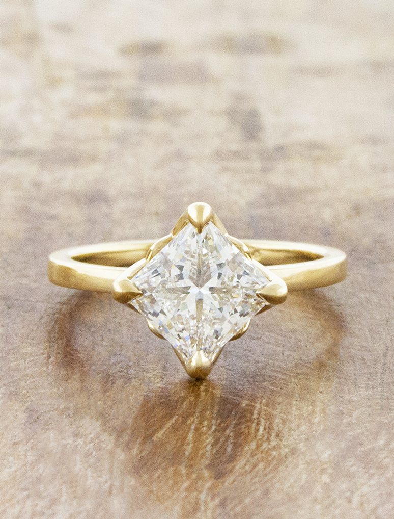 caption:Shown with 2.5ct princess cut in 14k yellow gold 