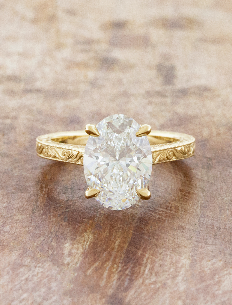 caption:Shown with 2.5ct oval in 14k yellow gold 