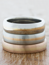 caption:From top to bottom: polished platinum and yellow gold, brushed platinum and rose gold, brushed rose gold and yellow gold