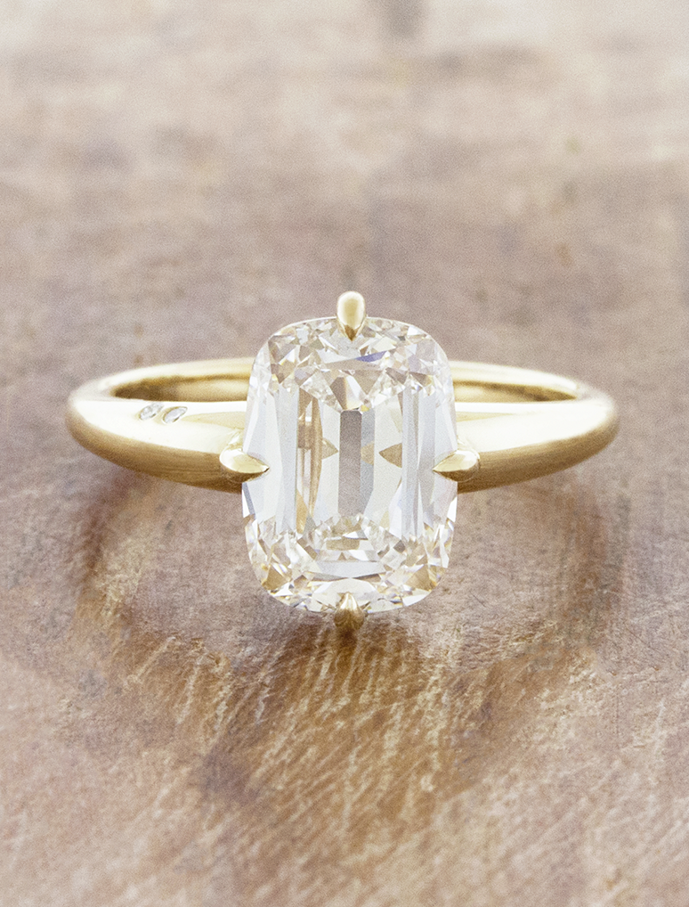 caption:Shown with 3ct Old Mine Cut in 14k yellow gold 