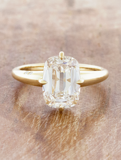 caption:Shown with 3ct Old Mine Cut in 14k yellow gold 