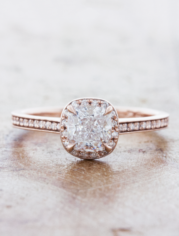 caption:Shown with 1ct cushion cut diamond in 14k rose gold