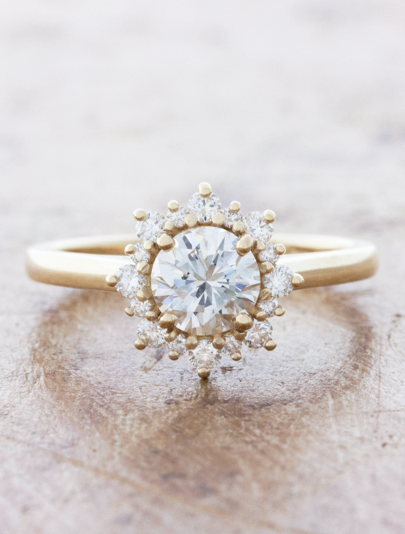 caption:Shown with 0.75ct round diamond in 14k yellow gold