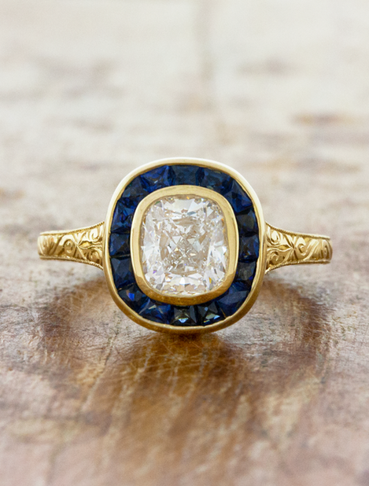 caption:Shown with 1ct cushion cut diamond in 14k yellow gold