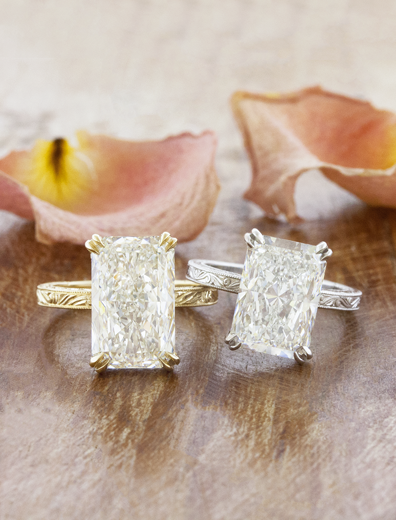 caption:Shown with 3ct radiant in 14k yellow gold & 3.5ct radiant in platinum
