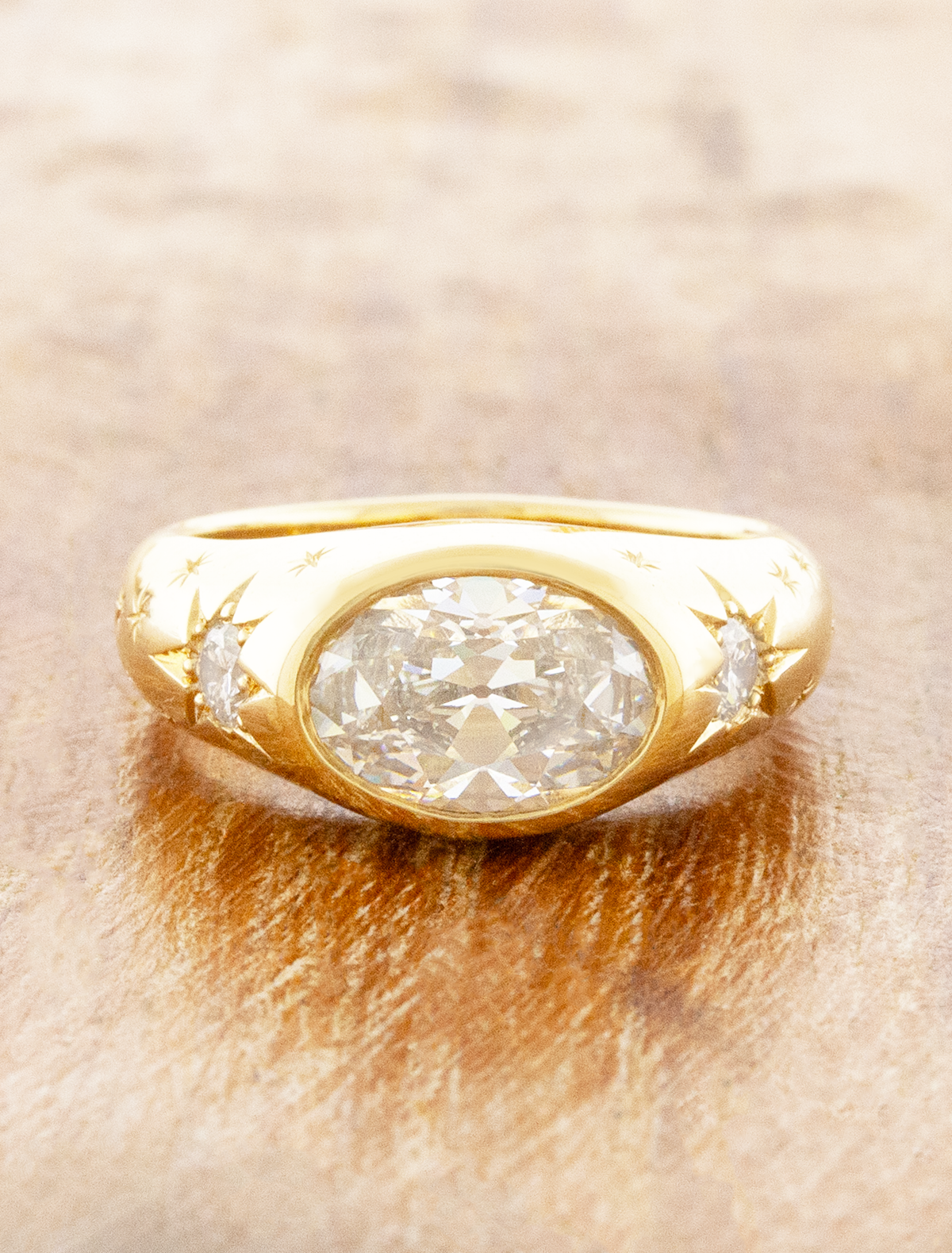 caption:Shown with 2ct antique cut oval diamond in 14k yellow gold