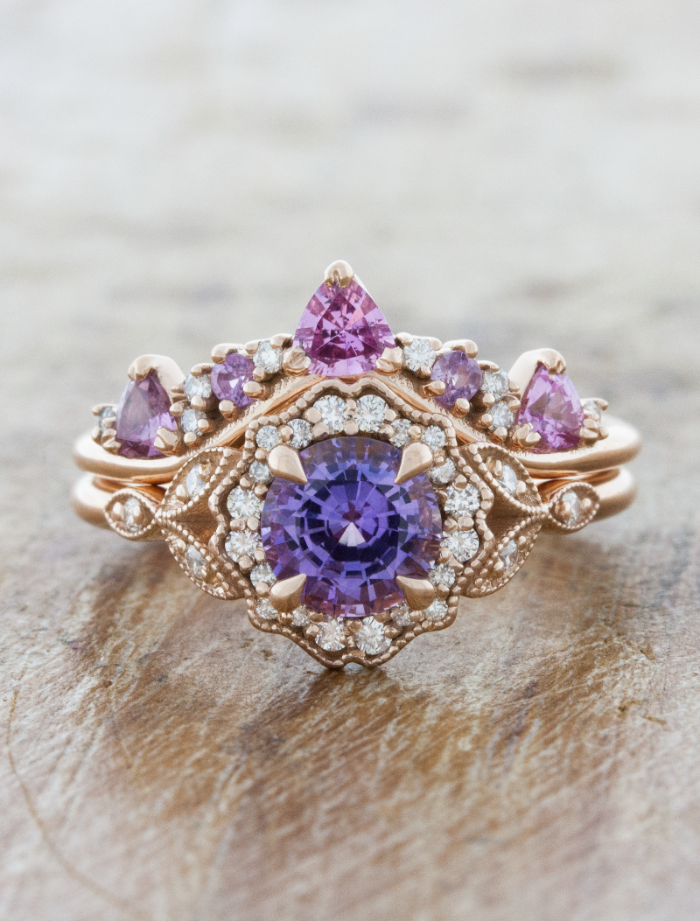 caption:Customized with lavender sapphire, stacked with custom pink sapphire Tempest wedding band