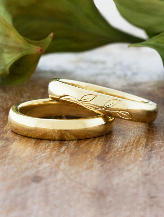 caption:3.5mm band shown stacked with Jax wedding band (bottom) in 14k yellow gold