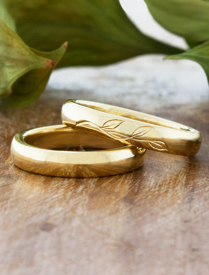 caption:3.5mm band shown stacked with Jax wedding band (bottom) in 14k yellow gold