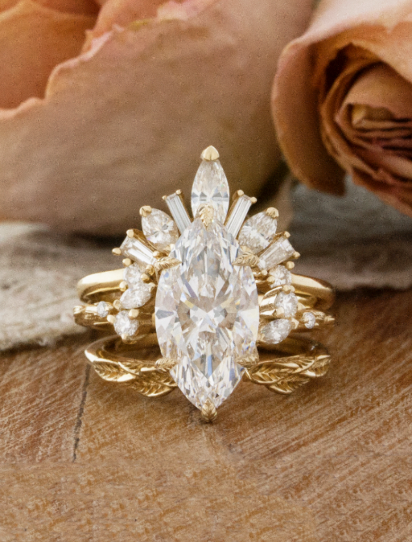 caption:Shown with Isla & Elo wedding bands in 14k yellow gold