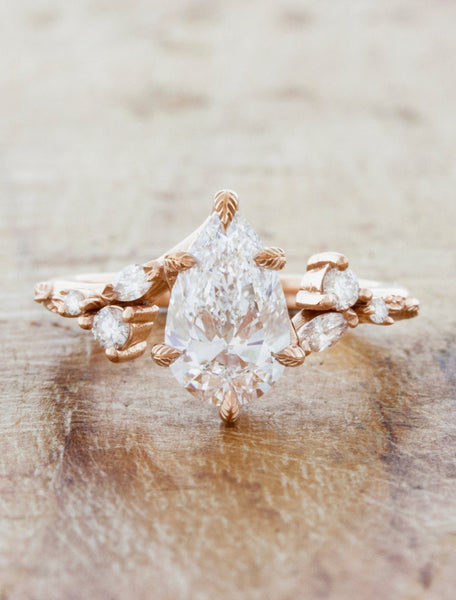 Harmony: Whimsical Rose Gold Pear Cluster Engagement Ring with Leaf  Engravings | Ken & Dana Design