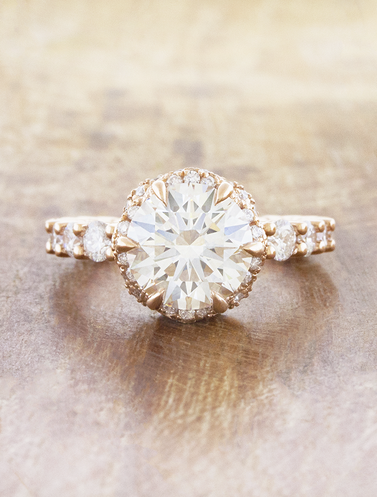 caption:Shown with 3ct round diamond in 14k rose gold 