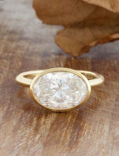 caption:Shown with a 3ct oval set East West in 18k yellow gold 
