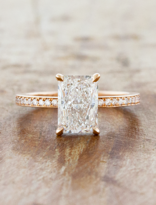 caption:Shown with 2ct radiant cut diamond in 14k rose gold 