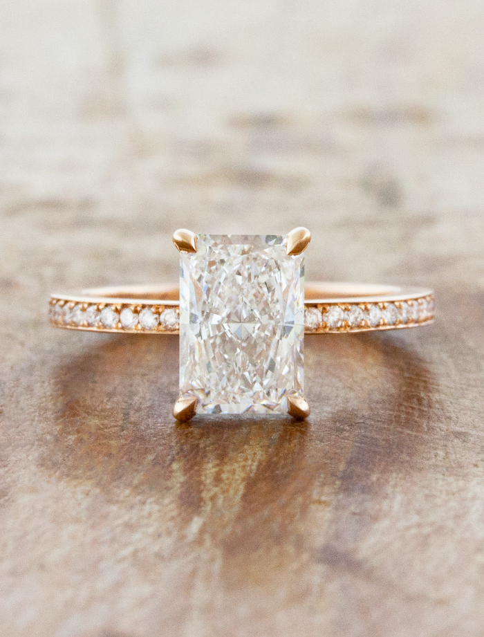 caption:Shown with 2ct radiant cut diamond in 14k rose gold 