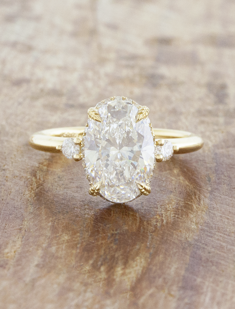 caption:Shown with 2.5ct oval in 14k yellow gold