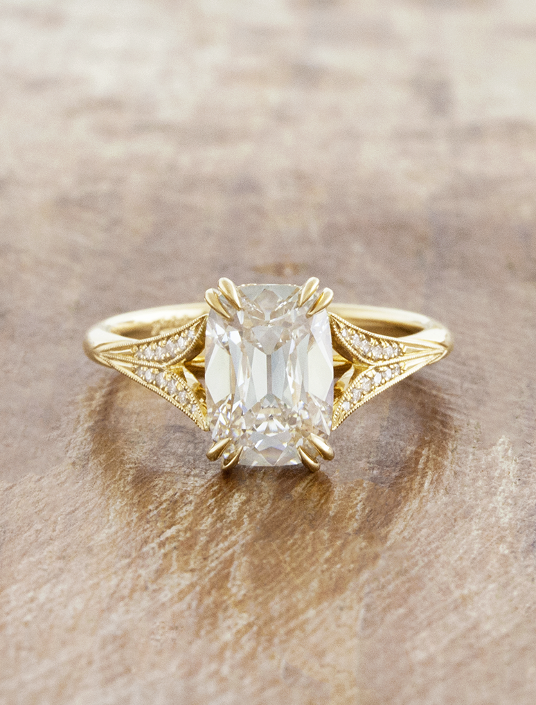 caption:Shown with 2ct Old Mine Cut diamond in 18k yellow gold