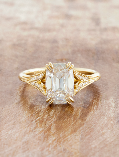 caption:Shown with 2ct Old Mine Cut diamond in 18k yellow gold