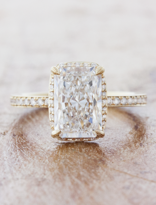 capstion:Shown with 2ct radiant cut diamond in 14k yellow gold