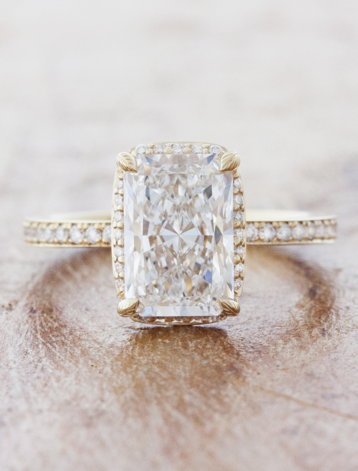 capstion:Shown with 2ct radiant cut diamond in 14k yellow gold