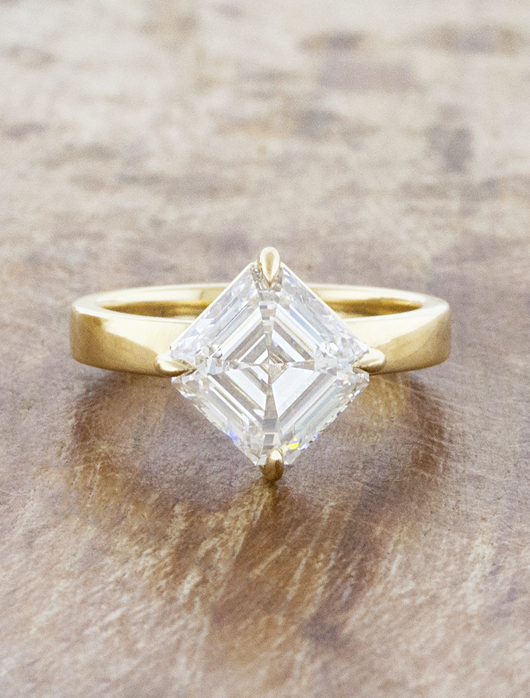 caption:Shown with 2.75ct Asscher cut in 14k yellow gold