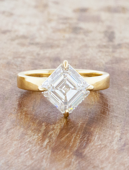 caption:Shown with 2.75ct Asscher cut in 14k yellow gold