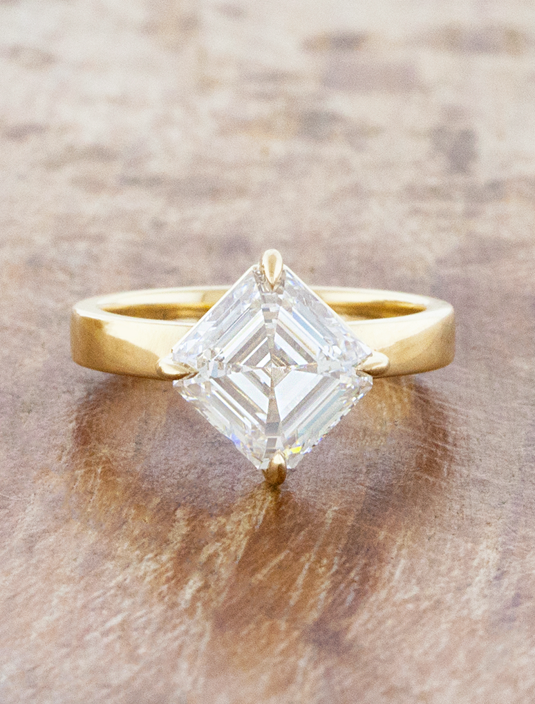 caption:Shown with 2.75ct Asscher cut in 14k yellow gold