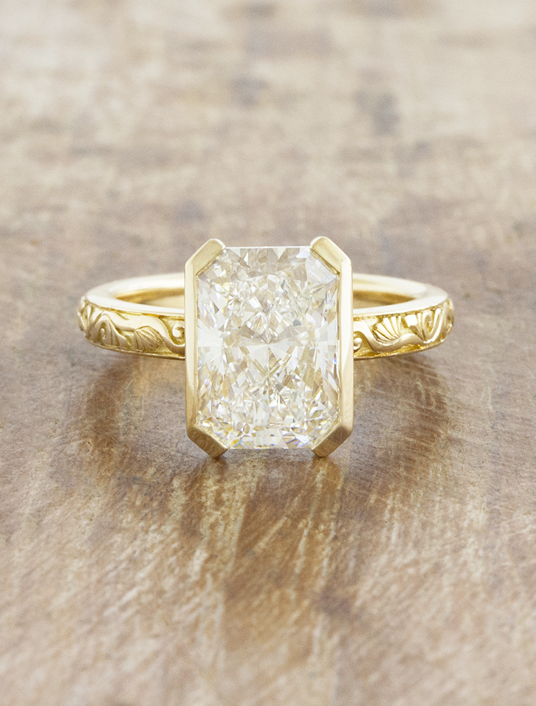 caption:Shown with 3ct radiant cut in 18k yellow gold 