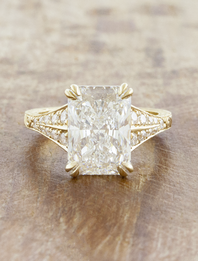 caption:Shown with 3ct radiant cut in 14k yellow gold 