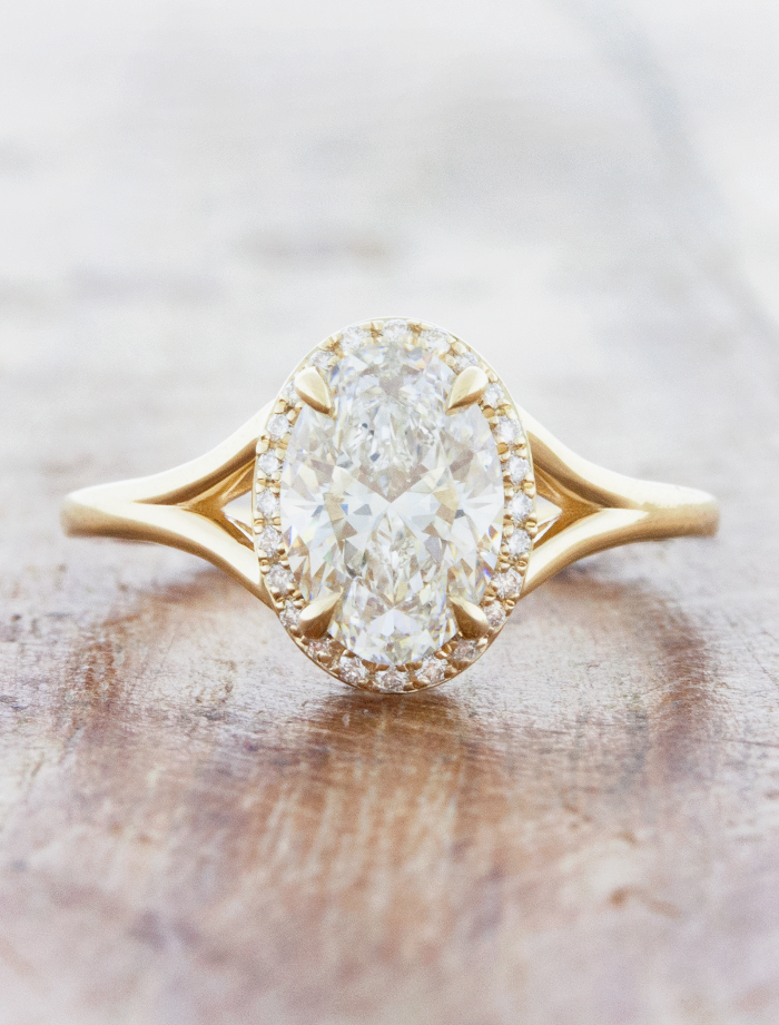 caption:Shown with 1.5ct oval diamond in 14k yellow gold