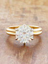 caption:Shown with 3ct round, 14 yellow gold band and platinum basket