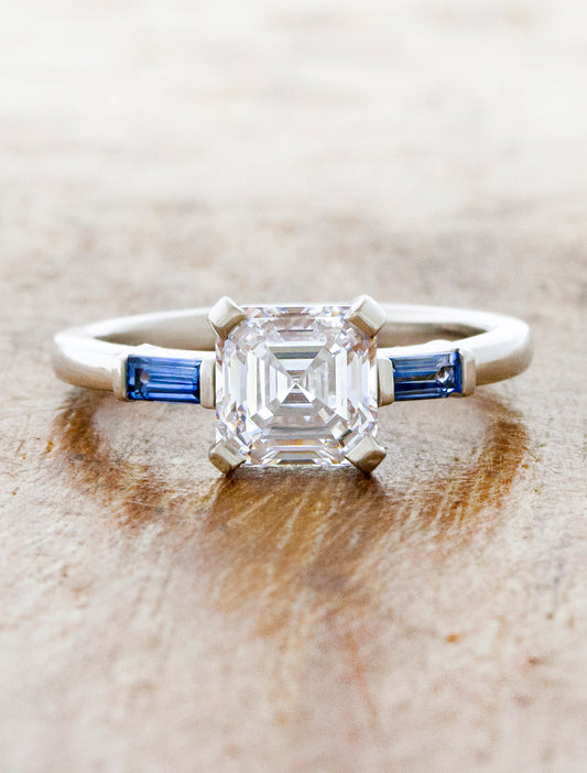 caption:Shown with 1.27ct asscher cut diamond in 14k white gold