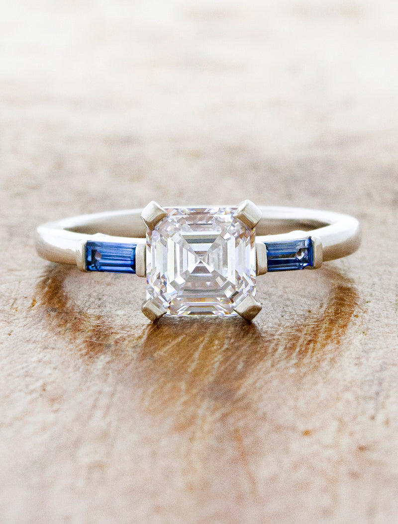 caption:Shown with 1.27ct asscher cut diamond in 14k white gold