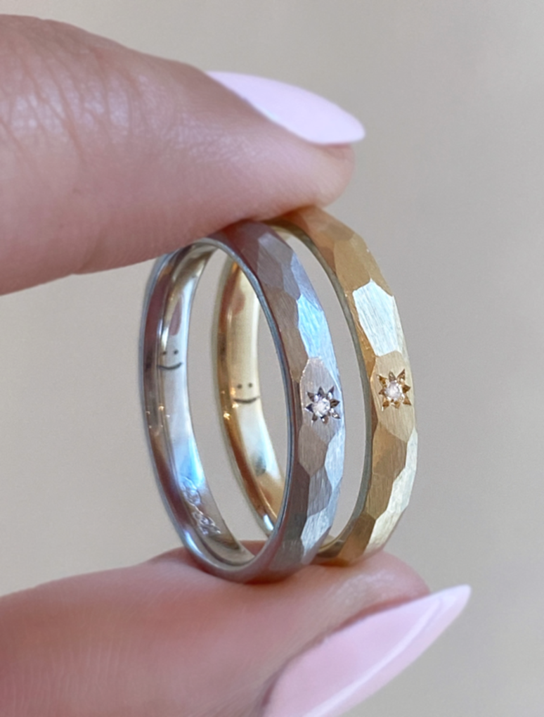 caption:Custom smile engravings in 14k yellow gold and platinum