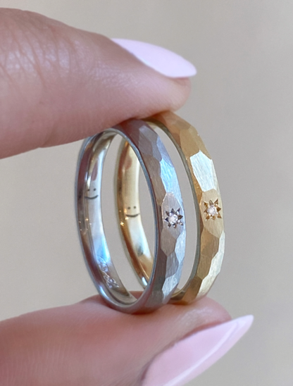 caption:Custom smile engravings in 14k yellow gold and platinum