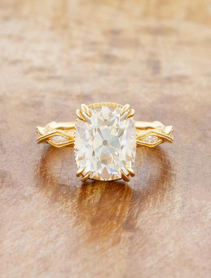 caption:Shown with a 5ct Old Mine Cut diamond in 14k yellow gold