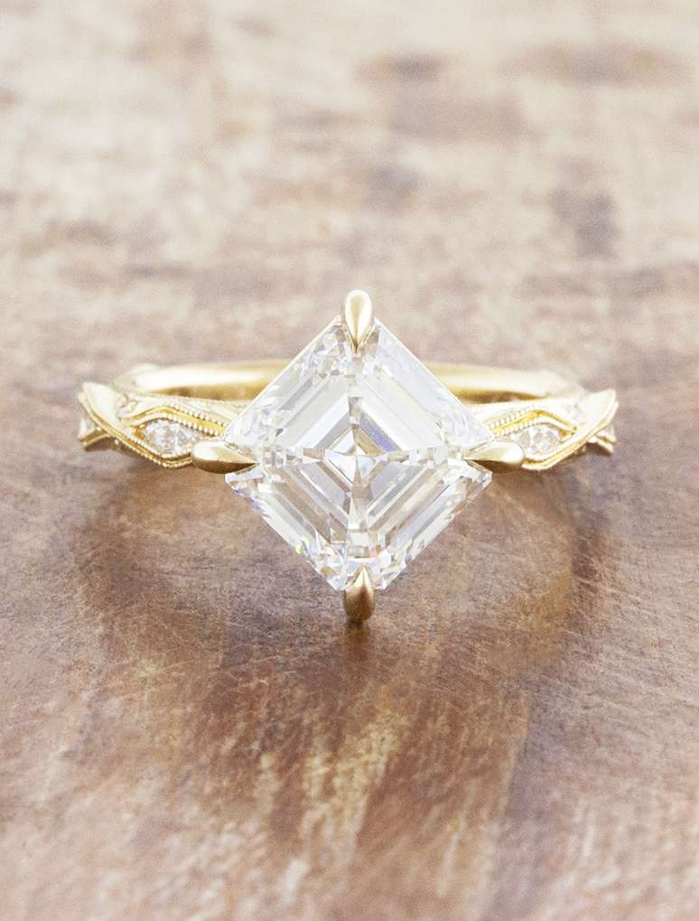 caption:Shown with 2.75ct Asscher in 14k yellow gold