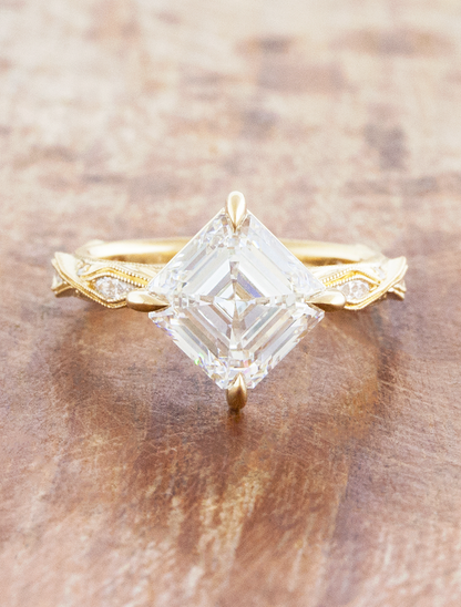 caption:Shown with 2.75ct Asscher in 14k yellow gold
