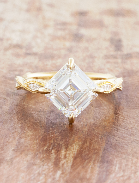 caption:Shown with 2.75ct Asscher in 14k yellow gold