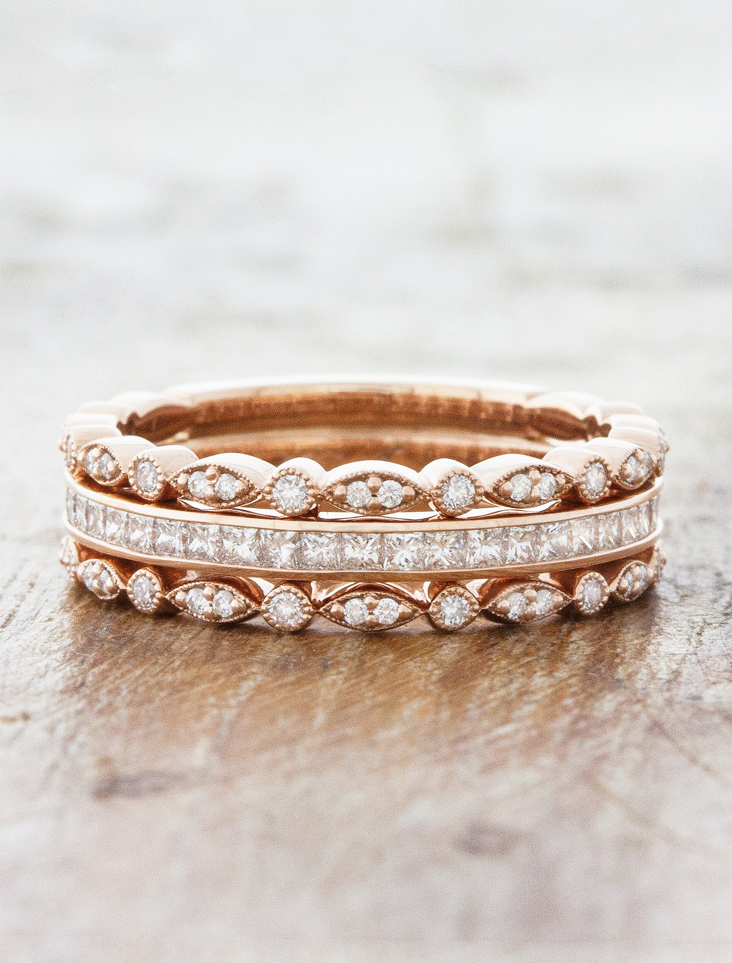 Paralee: Trio Wedding Ring in Rose Gold with Diamonds | Ken & Dana
