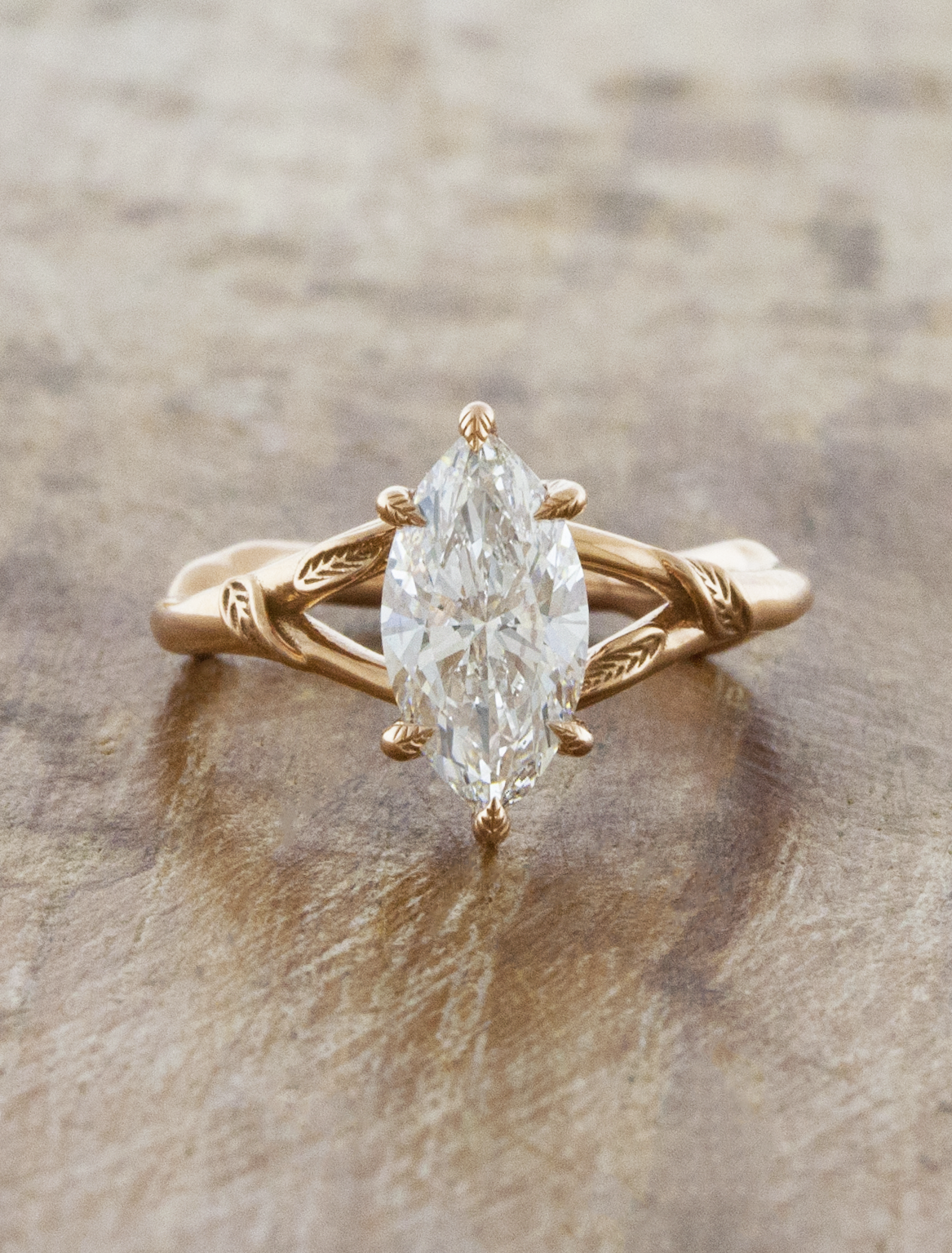 Pembroke: Split Shank Leaf Engraved Marquise Engagement Ring | Ken ...