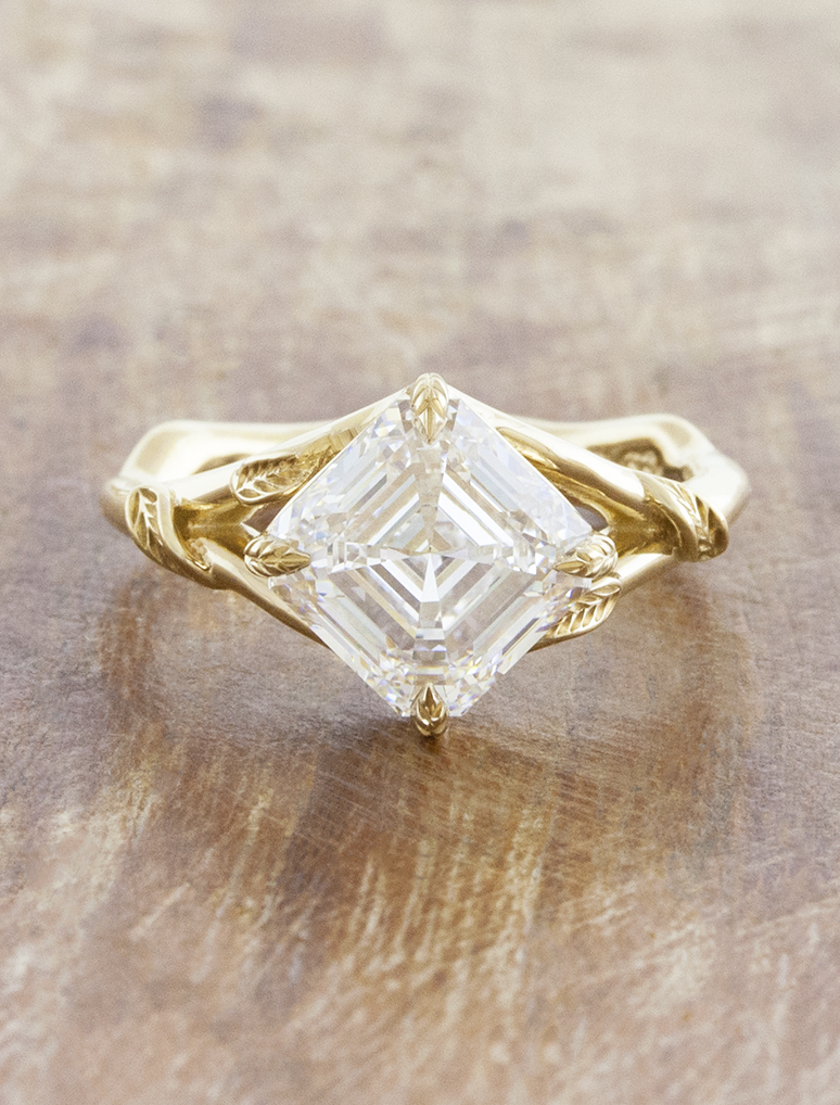 caption:Shown with 3ct Asscher cut in 14k yellow gold