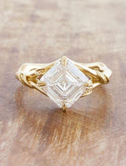 caption:Shown with 3ct Asscher cut in 14k yellow gold