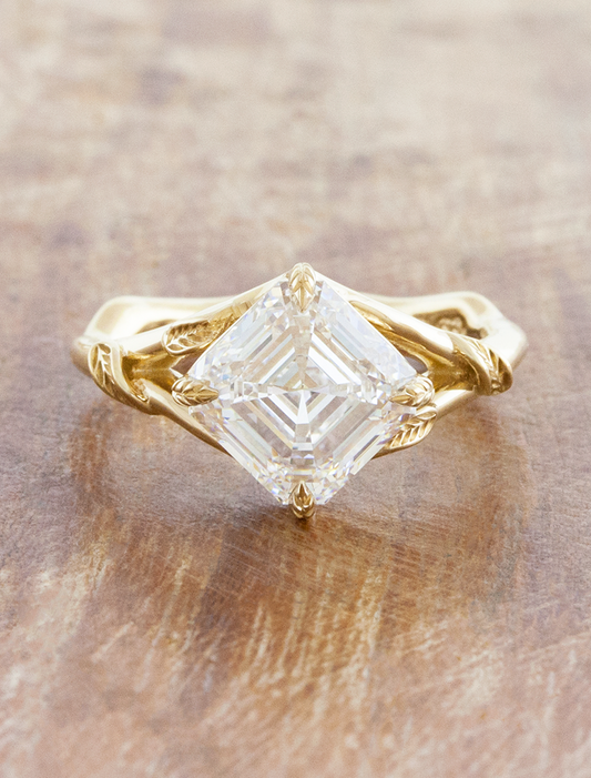 caption:Shown with 3ct Asscher cut in 14k yellow gold