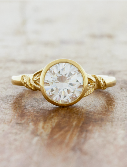 Penny: Nature Inspired Leaf Engraved Split Shank Bezel Engagement