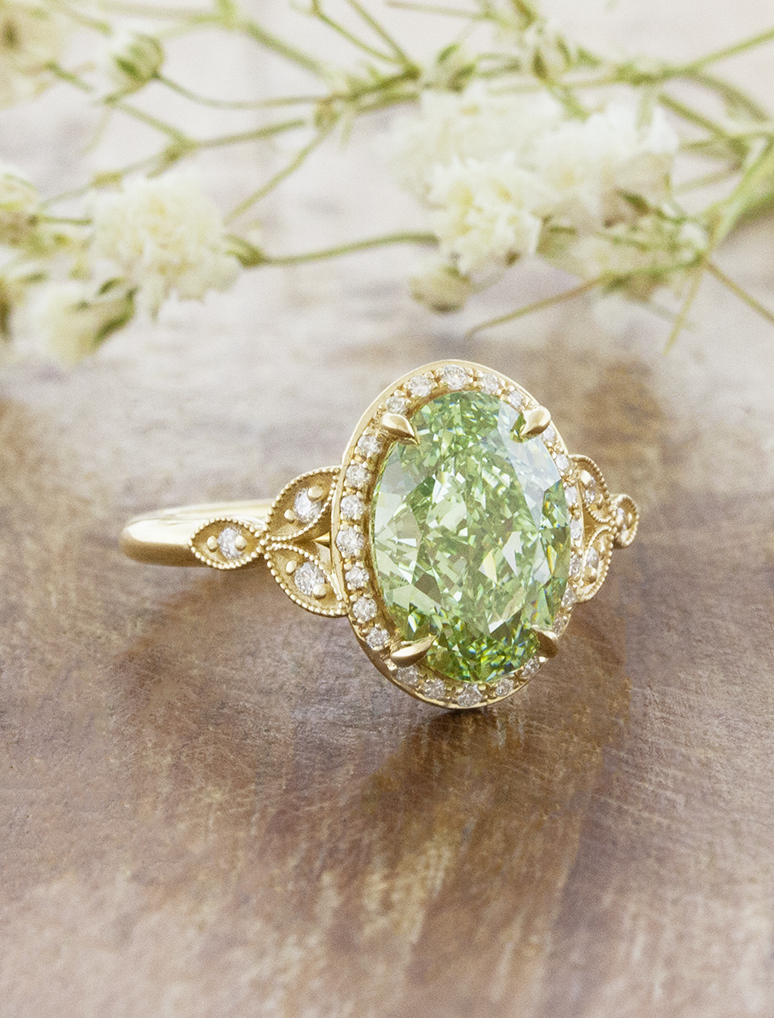 caption:Shown with 3ct fancy green oval in 14k yellow gold 