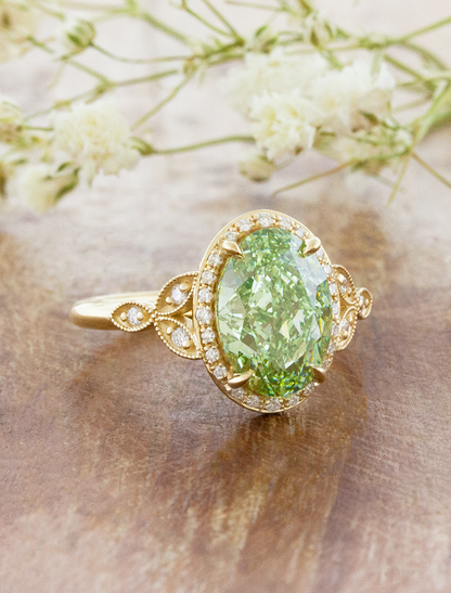 caption:Shown with 3ct fancy green oval in 14k yellow gold 