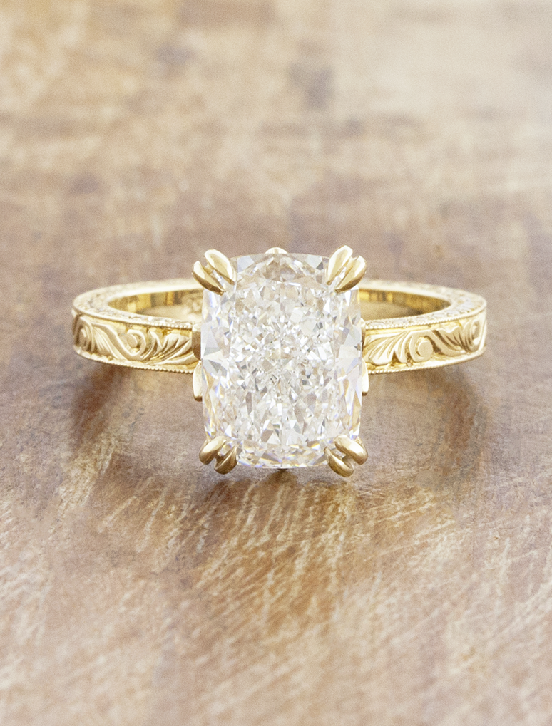 caption:Shown with 3ct cushion cut in 14k yellow gold 