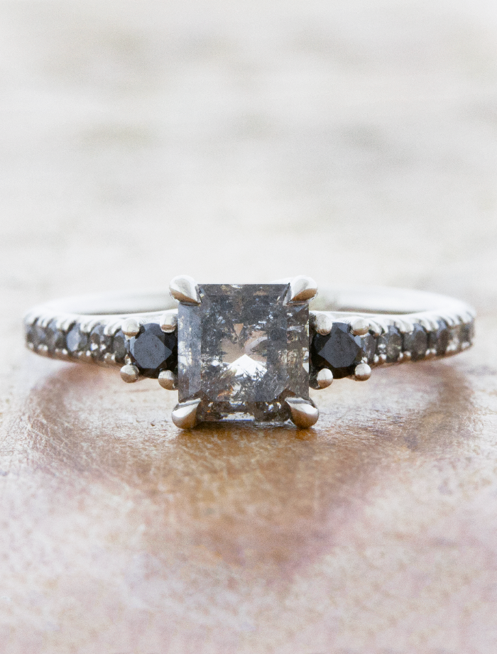 caption:Shown with 1ct salt & pepper princess cut diamond in platinum