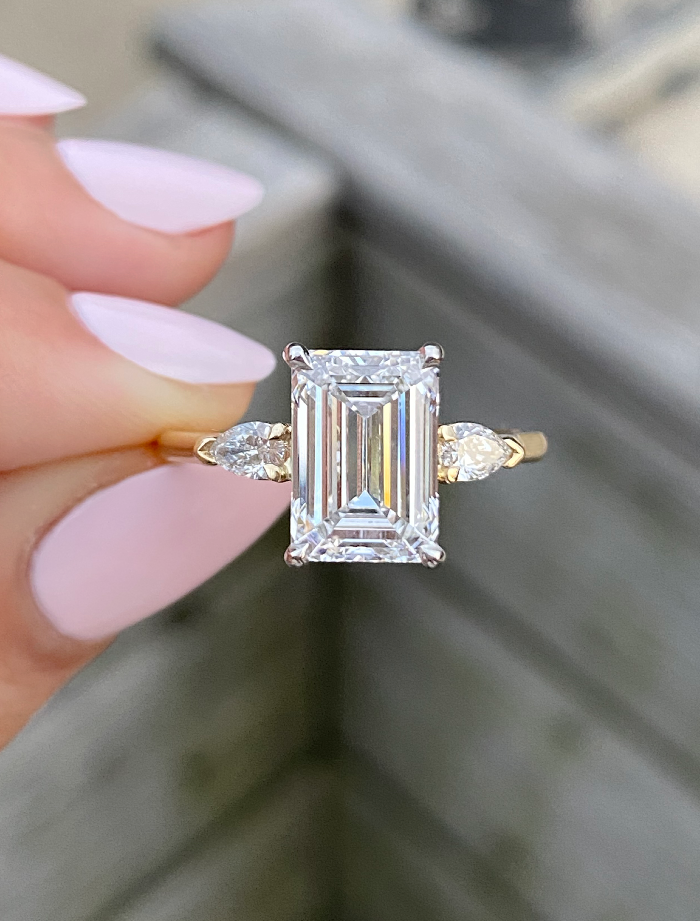 caption:Shown with 3.5ct emerald cut diamond in mixed 14k yellow gold & platinum